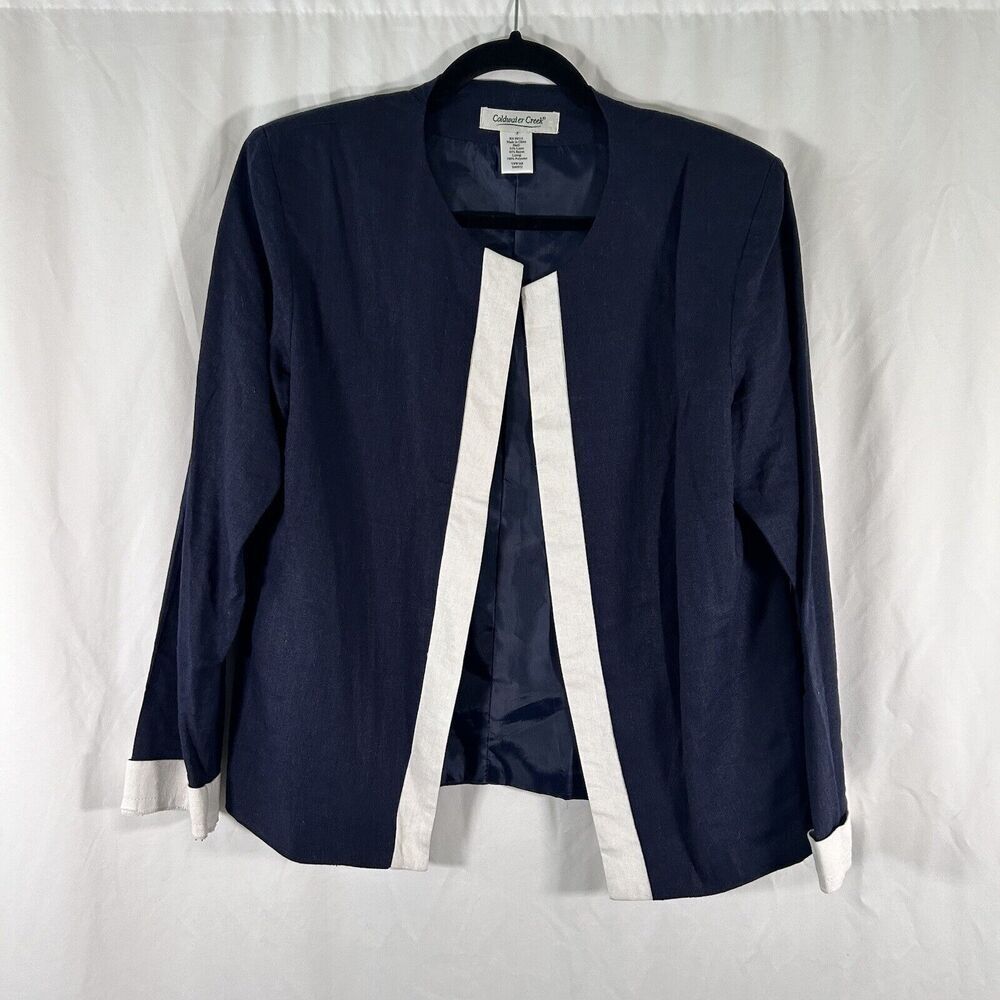 Coldwater Creek Blazer Women's Large Blue Open Front Linen Blend Shoulder Pads